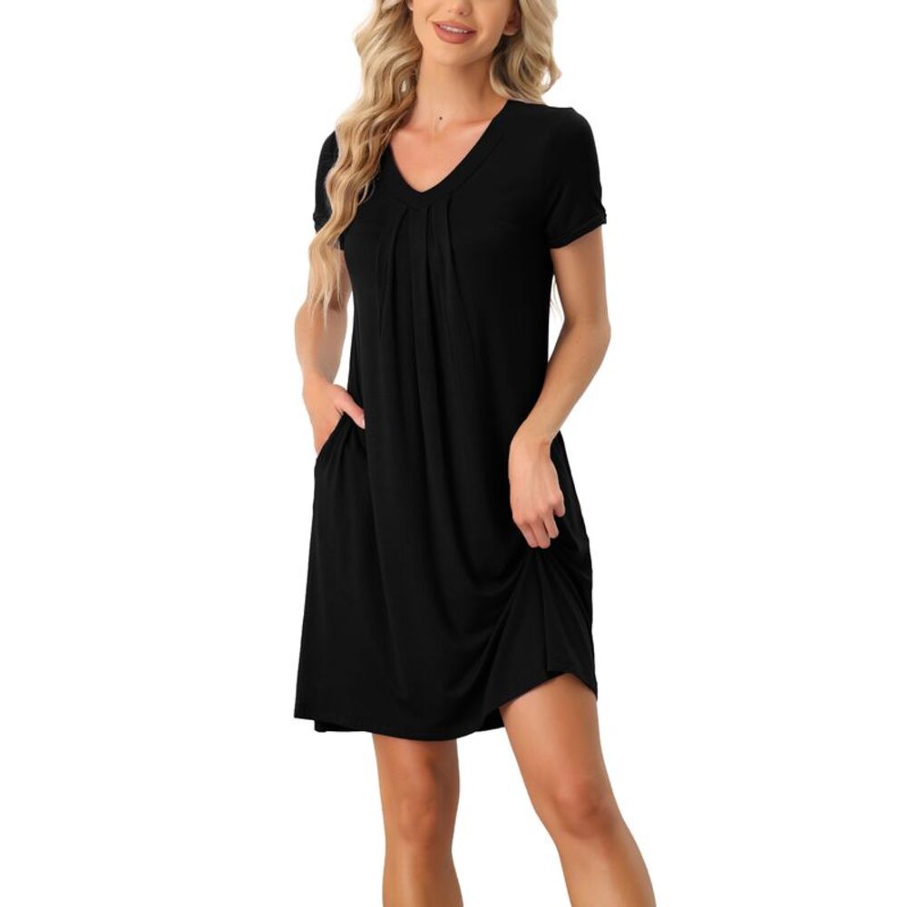Womens Nightshirt Sleepwear Lounge Dress V-Neck with Pockets Pajama Dark Black